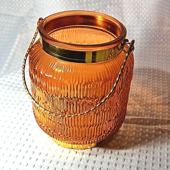 6 1/4" Orange Textured Glass Lantern/Vase with Gold Handle & Bands - Picture 4 of 8